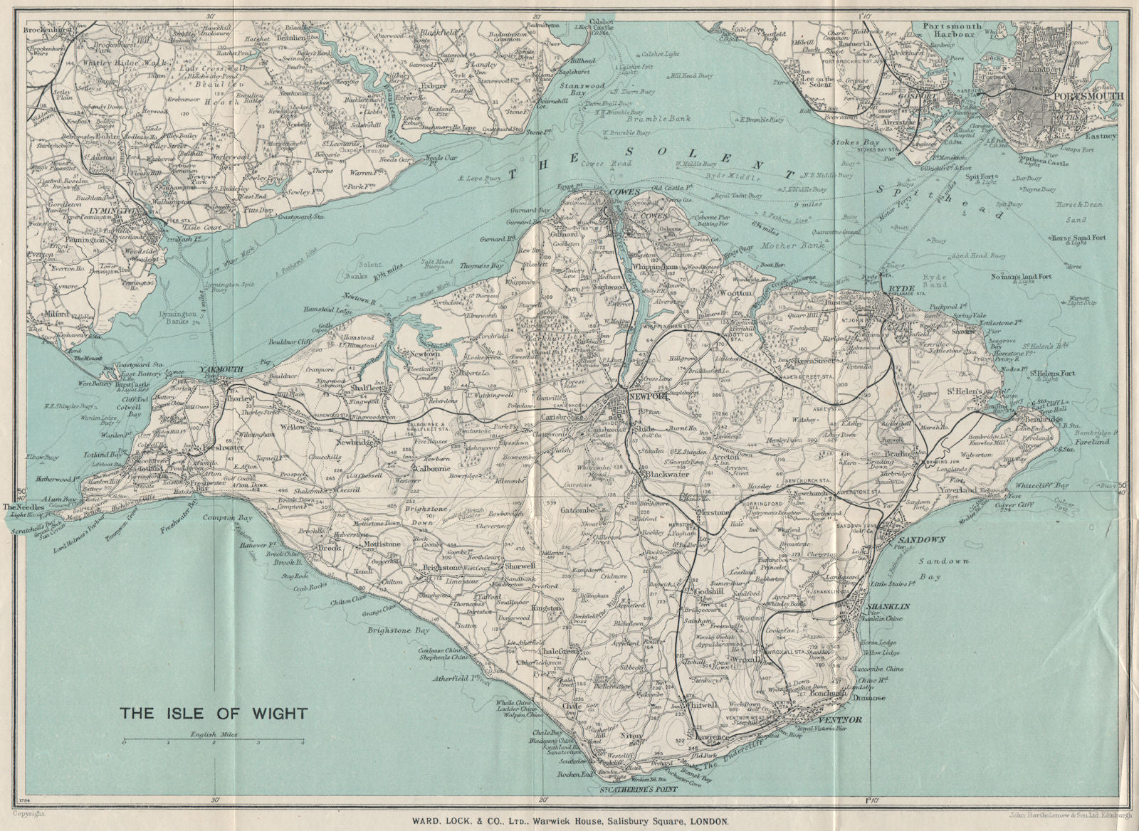 ISLE OF WIGHT with complete railway network. Cowes Ryde. WARD LOCK 1932 map